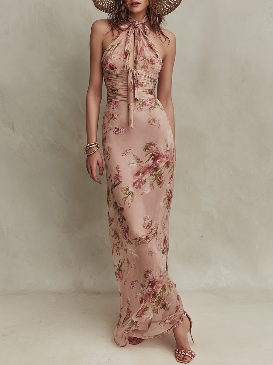 Lia - Elegantna Maxi Haljina s Cvjetnim Uzorkom od Chiffona s Keyhole Izrezom