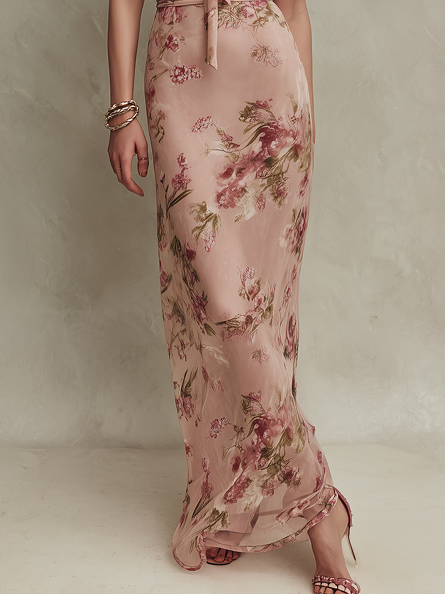 Lia - Elegantna Maxi Haljina s Cvjetnim Uzorkom od Chiffona s Keyhole Izrezom