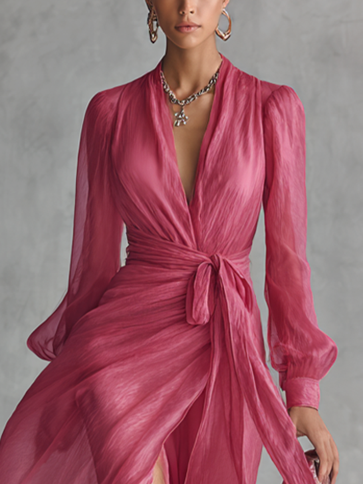 Elegantní dlouhé dámské šaty z perlového šifonu v růžové barvě se V výstřihem a páskem v pase