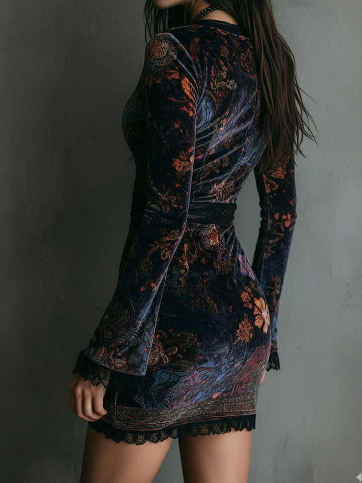 Marisol™ | Boho květinové sametové mini šaty