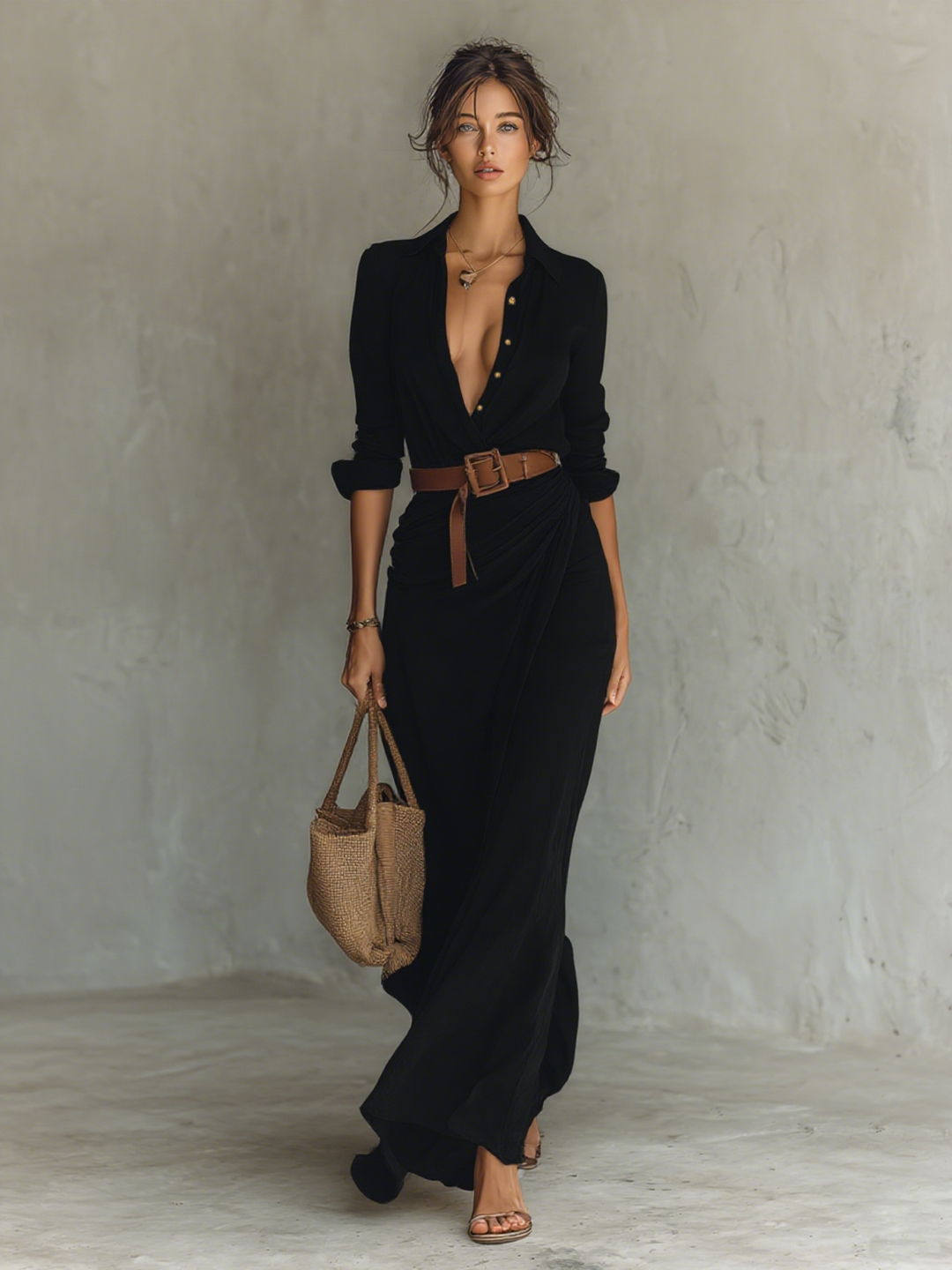 Clara™ | Elegantní maxi šaty s klopovým límcem a páskem