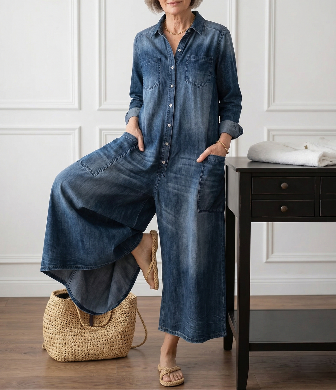 Diana | Vintage praný měkký bavlněný denim overal s knoflíkovým zapínáním