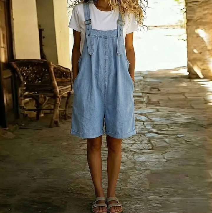 Clara™ | Vintage Washed Soft Cotton Feel Denim Short Overall Světle modrá