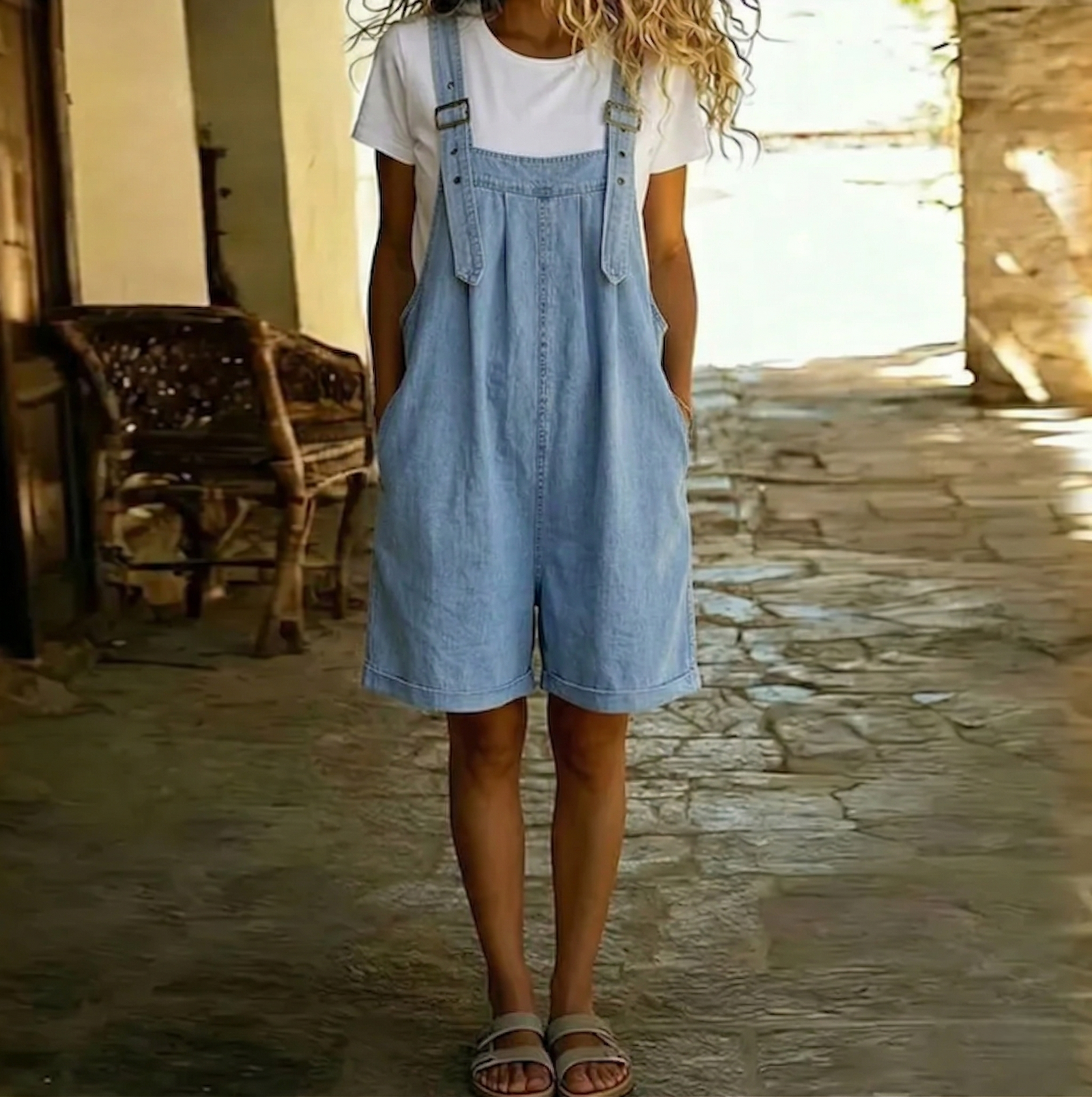 Clara | Vintage oprana mekana pamukasta denim kratka kombinezon svijetloplava