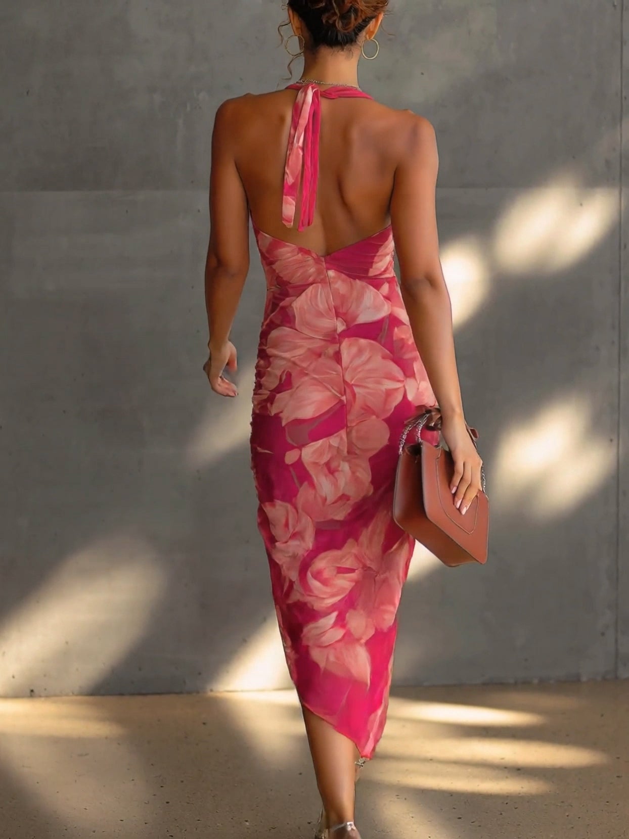 Fuksija Cvjetni Print Bez Rukava Šivano Bočno Rascjep Bodycon Haljina