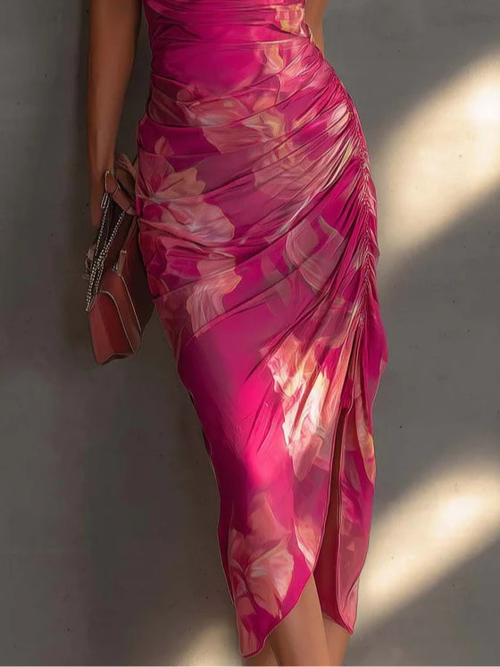Fuksija Cvjetni Print Bez Rukava Šivano Bočno Rascjep Bodycon Haljina