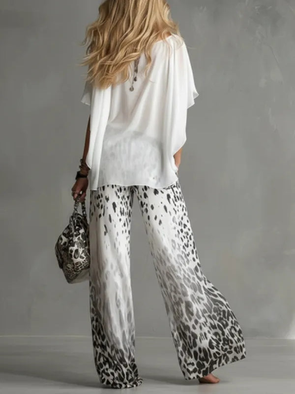 Monika | Set T-shirt s Boat-Neck dizajnom i Gradient hlačama od Chiffona s Leoprintom