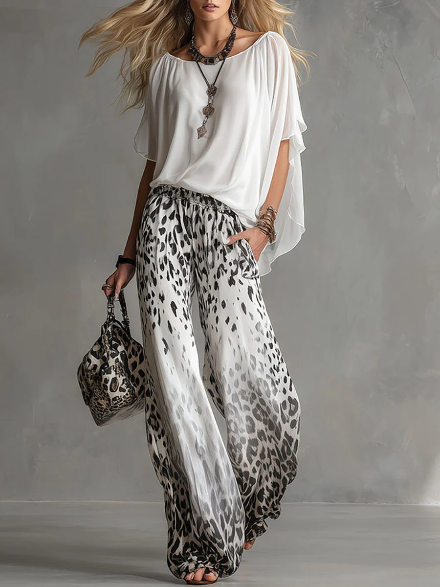 Monika | Set T-shirt s Boat-Neck dizajnom i Gradient hlačama od Chiffona s Leoprintom