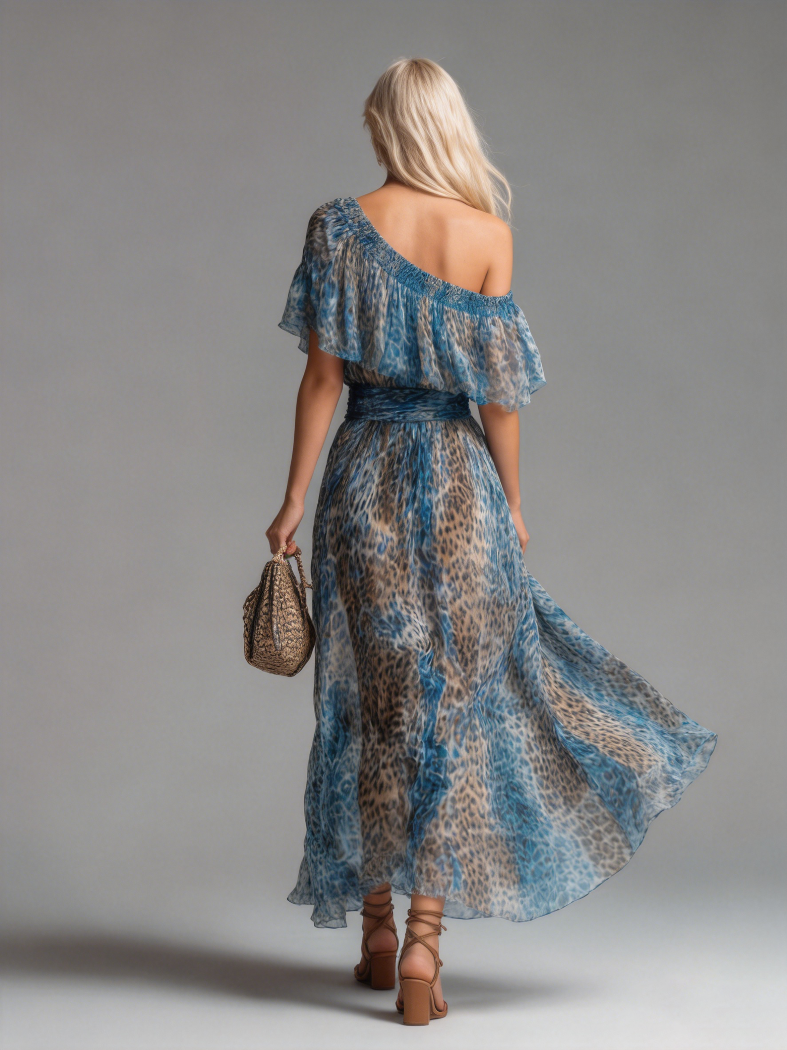 Divlje - Duga chiffon haljina s leopard uzorkom i golim ramenima