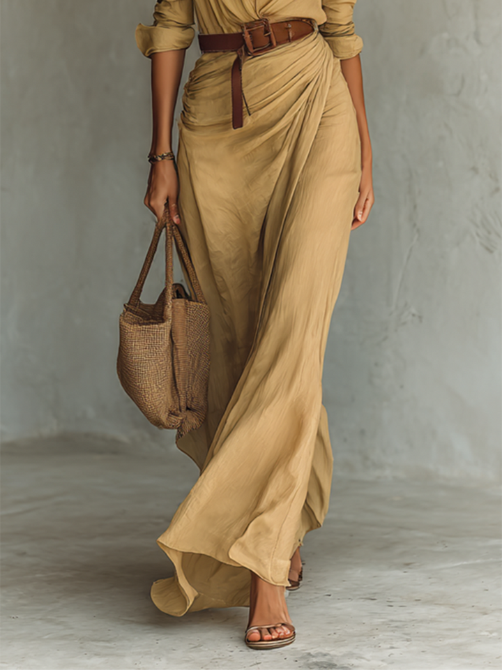 Clara™ | Elegantní maxi šaty s klopovým límcem a páskem