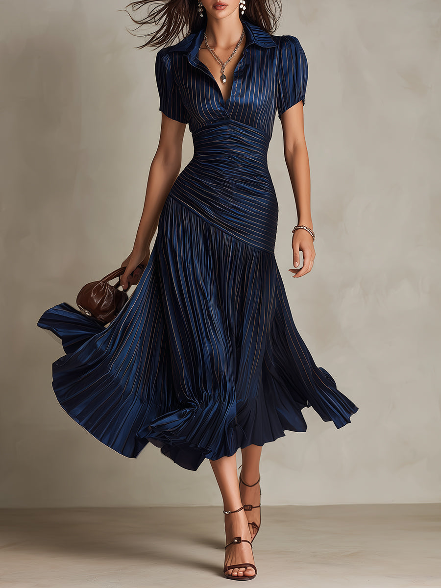 Adriana - Retro Prugasta Saten Midi Haljina