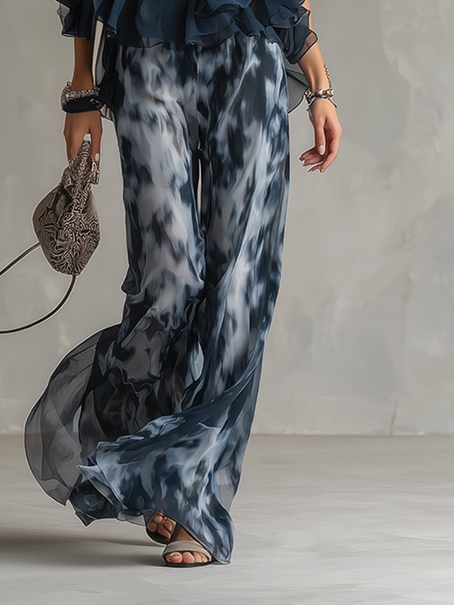 Ludovica | Elegantní v chiffon s topem s vysokým límcem a širokými tištěnými kalhotami