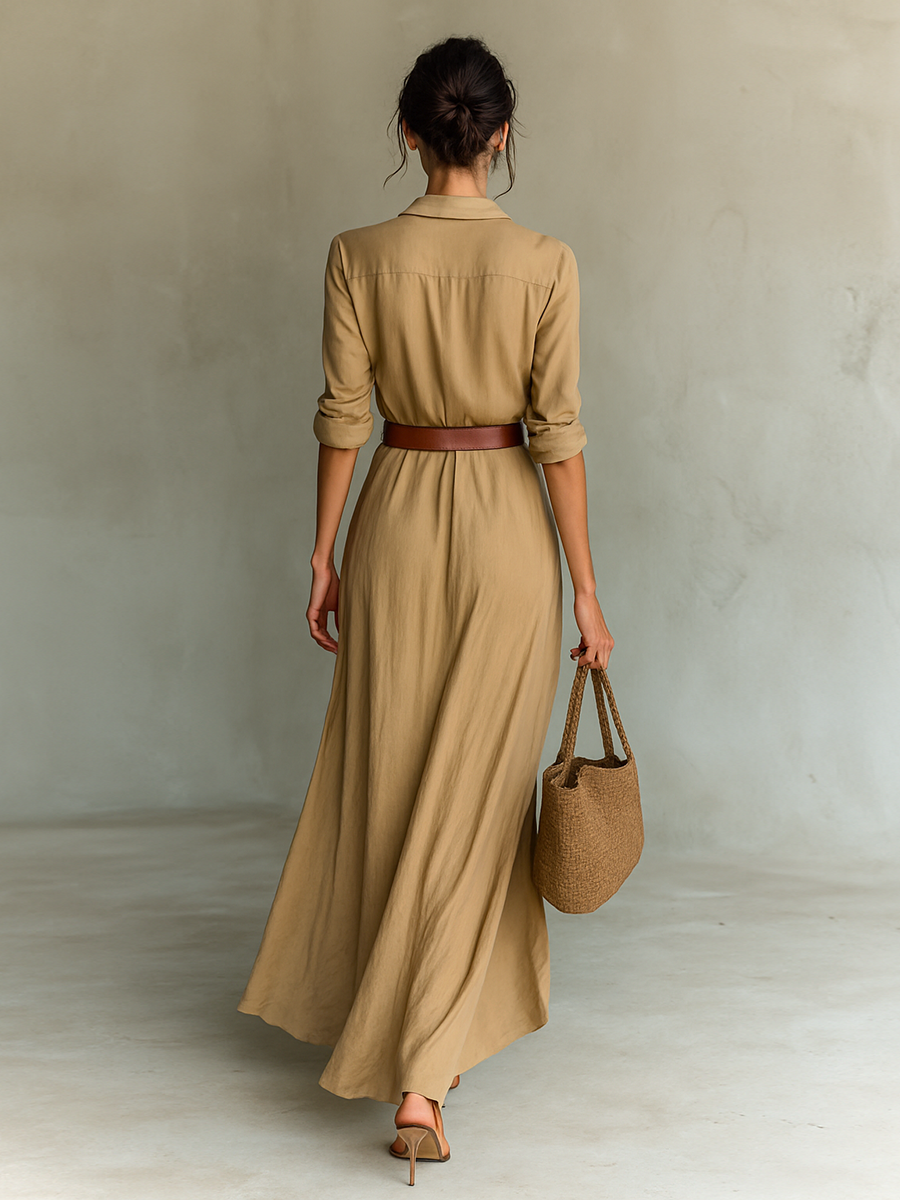 Clara™ | Elegantní maxi šaty s klopovým límcem a páskem