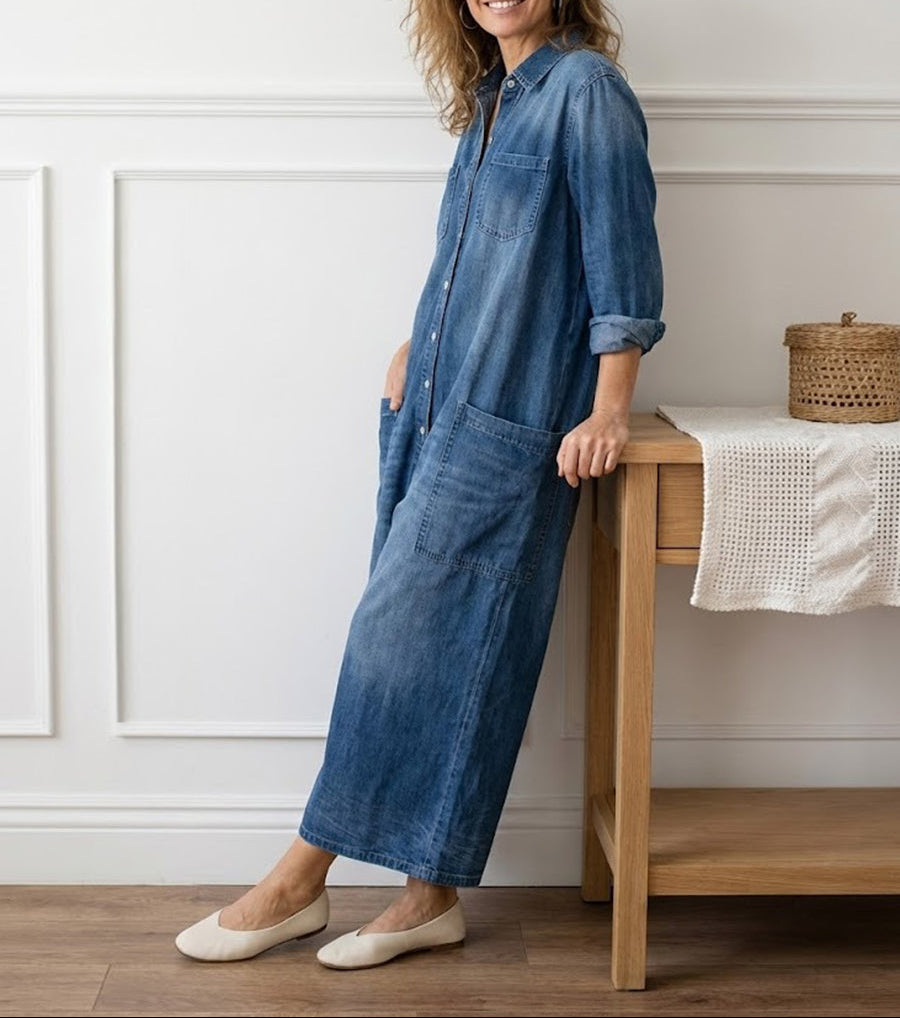 Diana | Vintage praný měkký bavlněný denim overal s knoflíkovým zapínáním