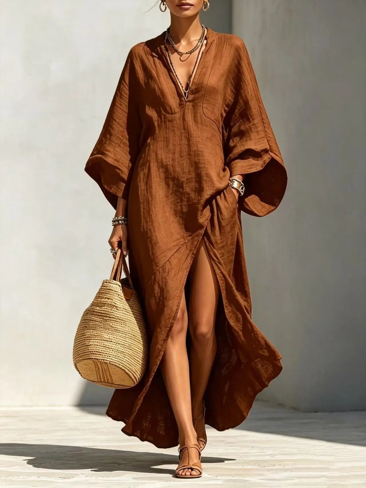 Delphine | Haljina Kaftan od Lanenog Materijala s V Izrezom i Bočnim Raskorakom